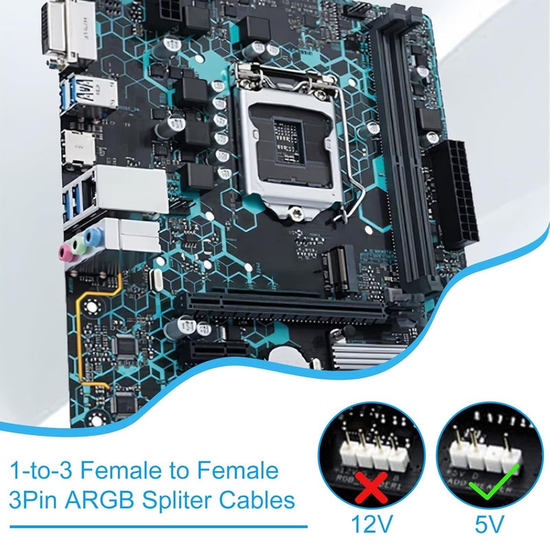 TNJPSEK 4 Pack 3Pin ARGB Spliter Cables with 16 Male Pins, 1-to-3 Female to Female Addressable RGB Spliter Extension Cable, 3-Pin RGB Splitter for 5V Computer Chassis PC Fans CPU Coolers Heat Sink - Image 4